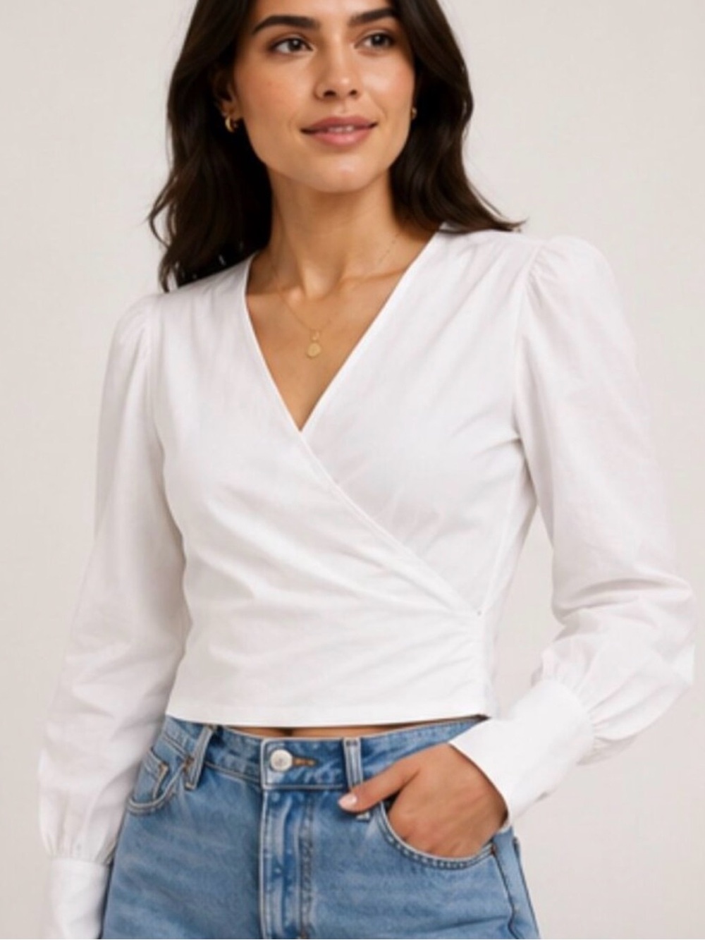 Zara White Wrap V-Neck Long-Sleeve Blouse S